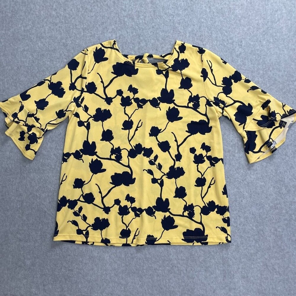 Clara Sun Woo Top‎ Womens Small Yellow Floral Bell Sleeve Liquid Knit Spring